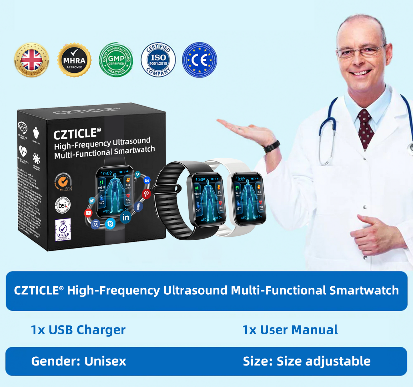 CZTICLE® High-Frequency Ultrasound Multi-Functional Smartwatch(Specifically Designed for Fat Burning, Blood Sugar Balance, Lymphatic Detox, Edema Reduction, and Nerve Relaxation)